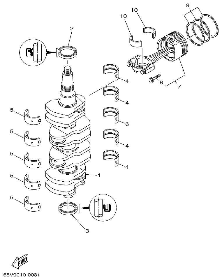 Yamaha F115TR, LF115TR, F115AET, FL115AET CRANKSHAFT & PISTON parts diagram